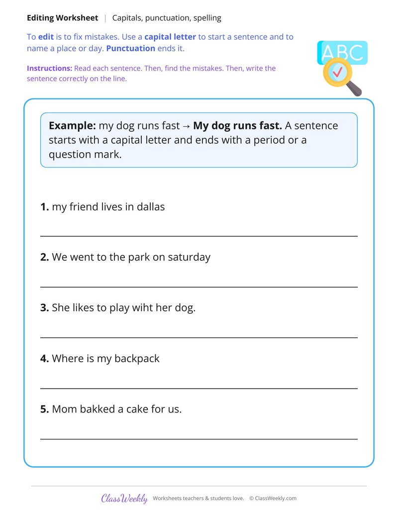 Edit Writing for Capitals, Punctuation and Spelling