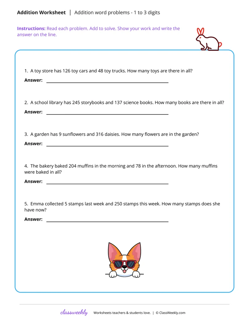 Slightly harder addition word problems (1-3 digits)