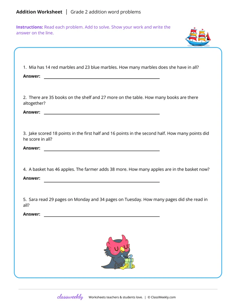 Simple addition word problems (1-2 digits)