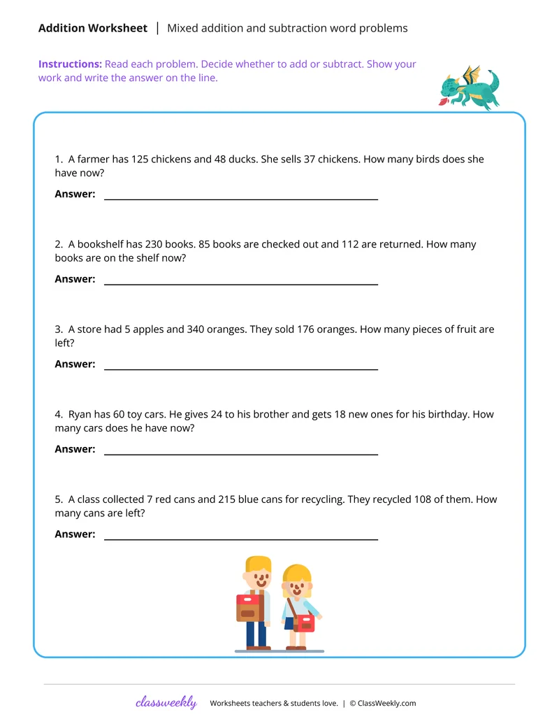 More mixed addition and subtraction word problems