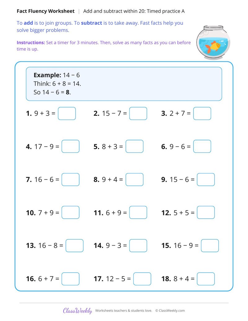 Add and Subtract Within 20, Timed Practice A