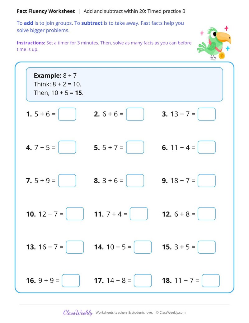 Add and Subtract Within 20, Timed Practice B
