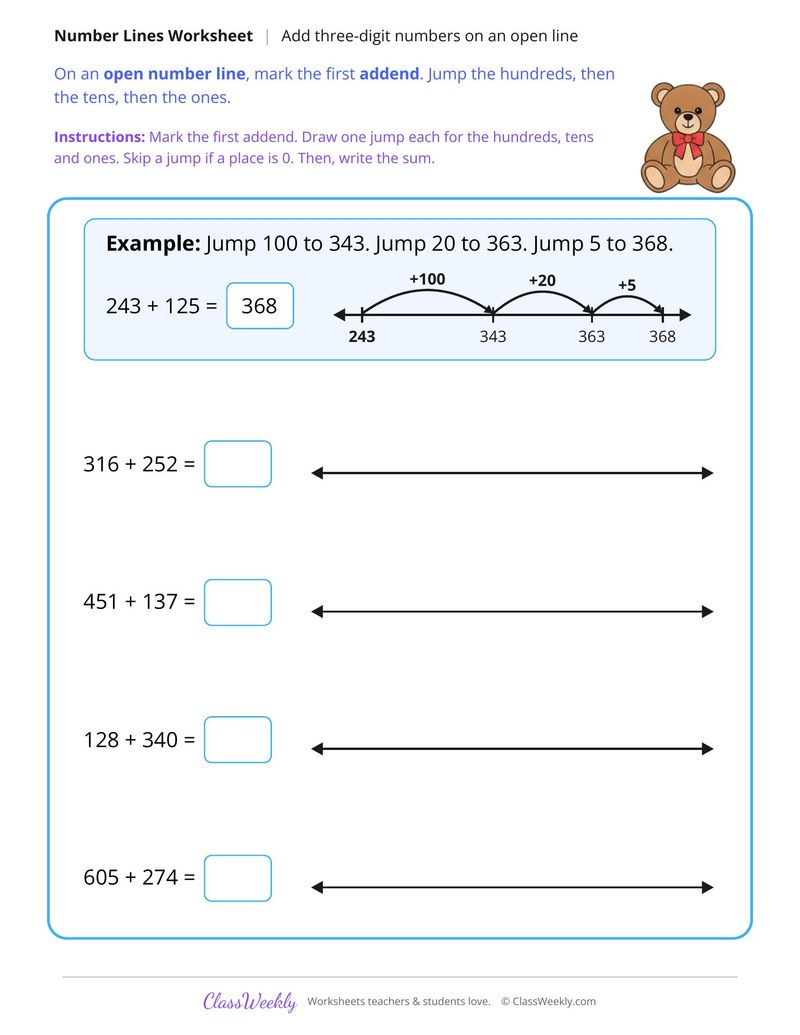 Add Three Digit Numbers on an Open Number Line