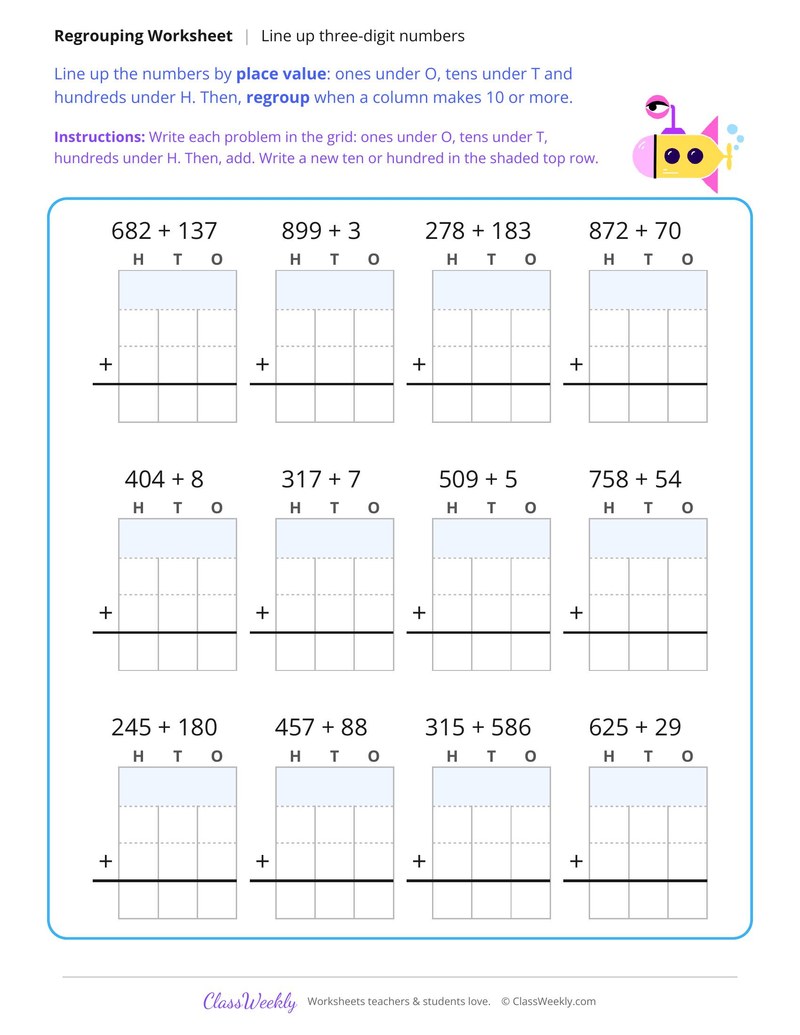 Line Up and Add Three Digit Numbers