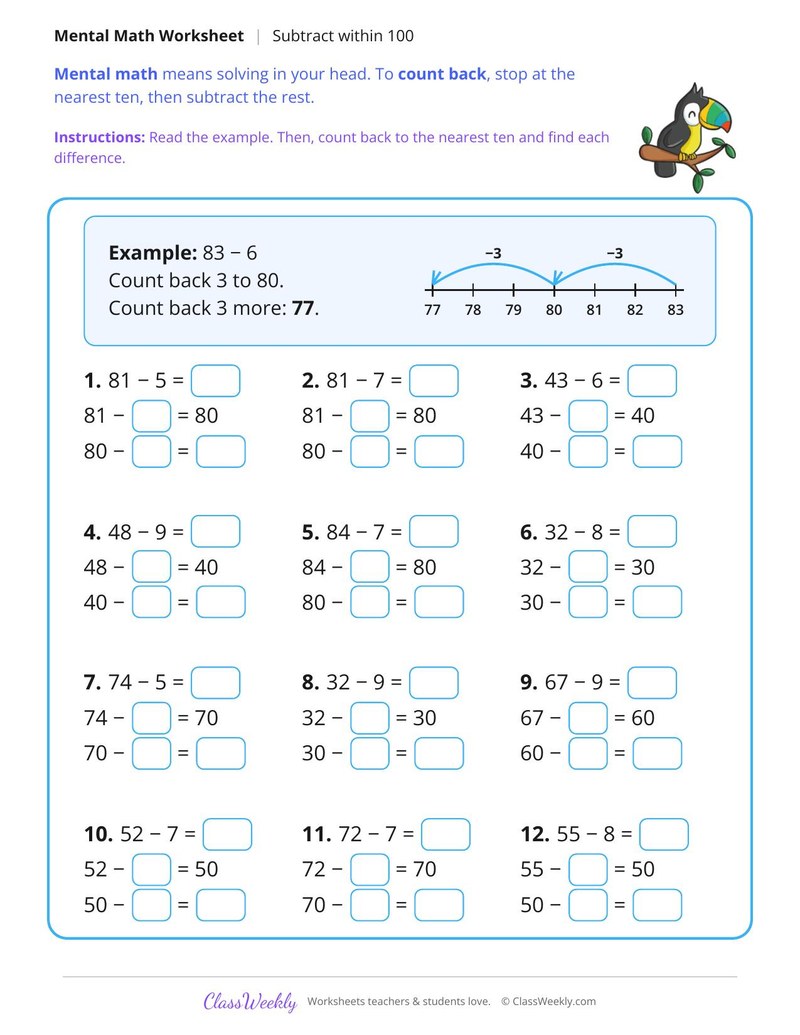 Subtract Within 100, Mental Math
