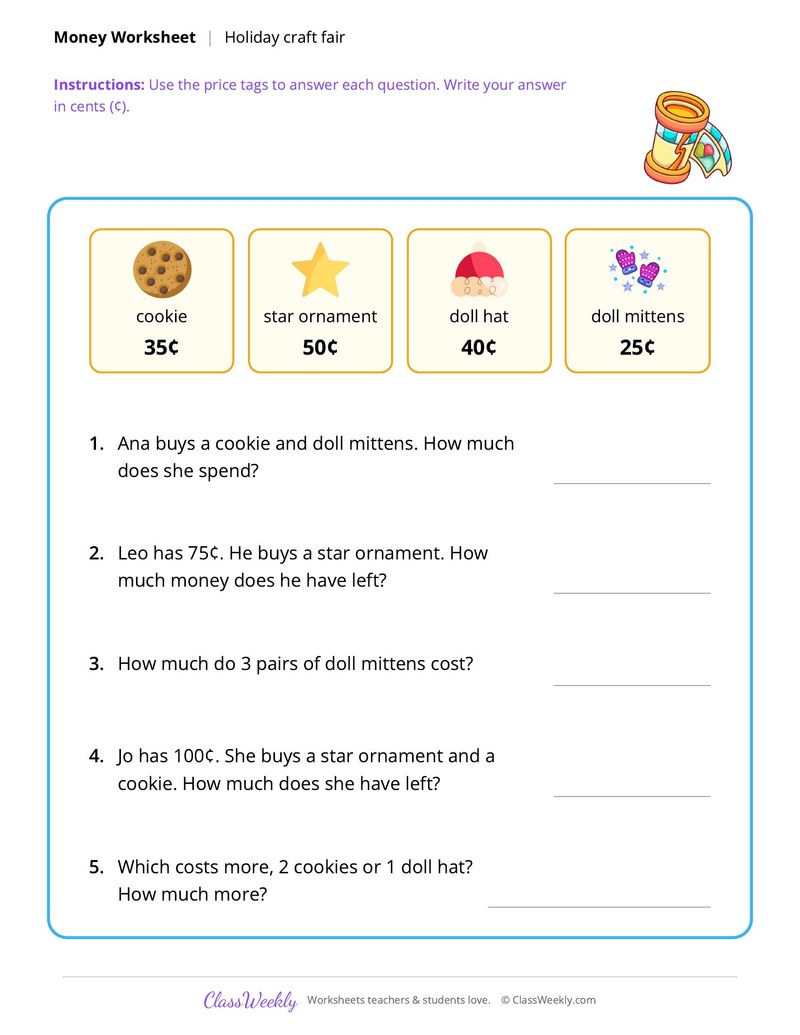Money word problems - Christmas
