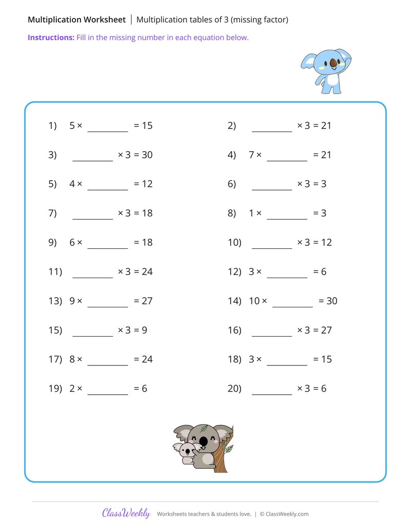 Multiplication tables of 3 (missing factor) - Koala