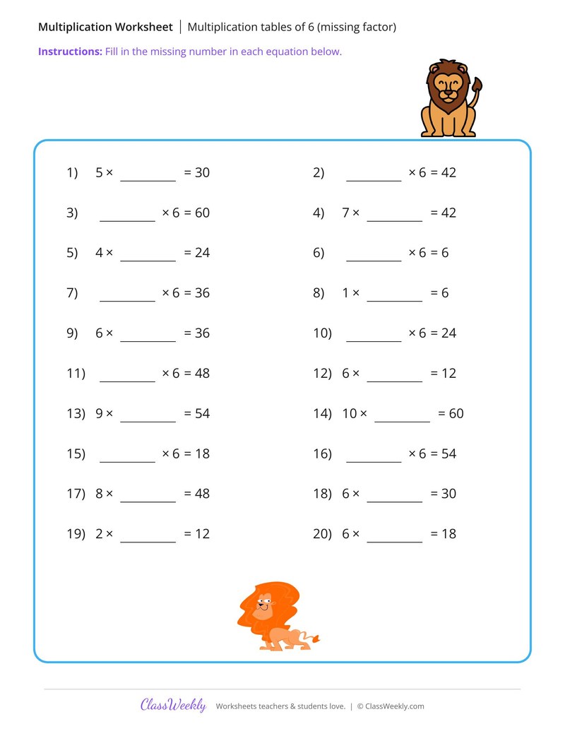 Multiplication tables of 6 (missing factor) - Lion
