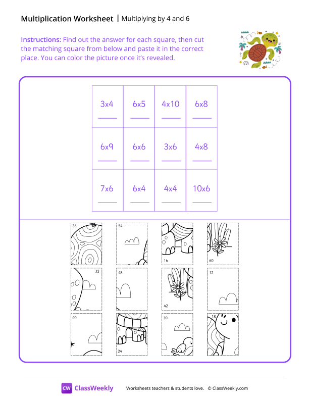 Multiply by 4 and 6 - Sea Turtle