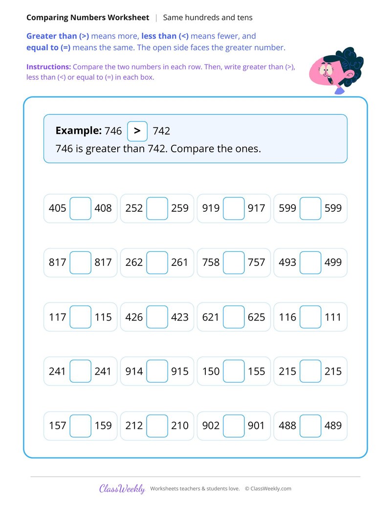 Compare Three Digit Numbers with the Same Hundreds and Tens