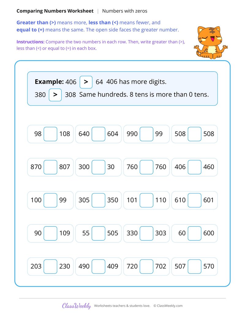 Compare Two and Three Digit Numbers with Zeros
