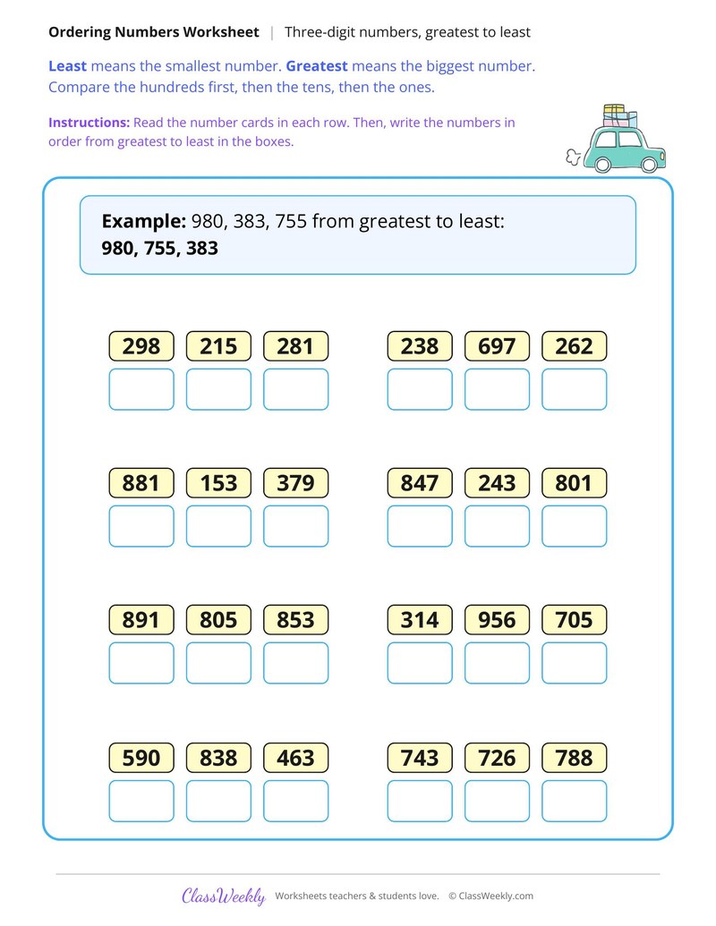 Order Three Digit Numbers Greatest to Least