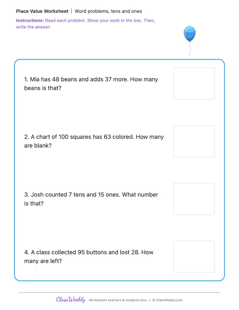 Word problems, tens and ones - 100th Day of School