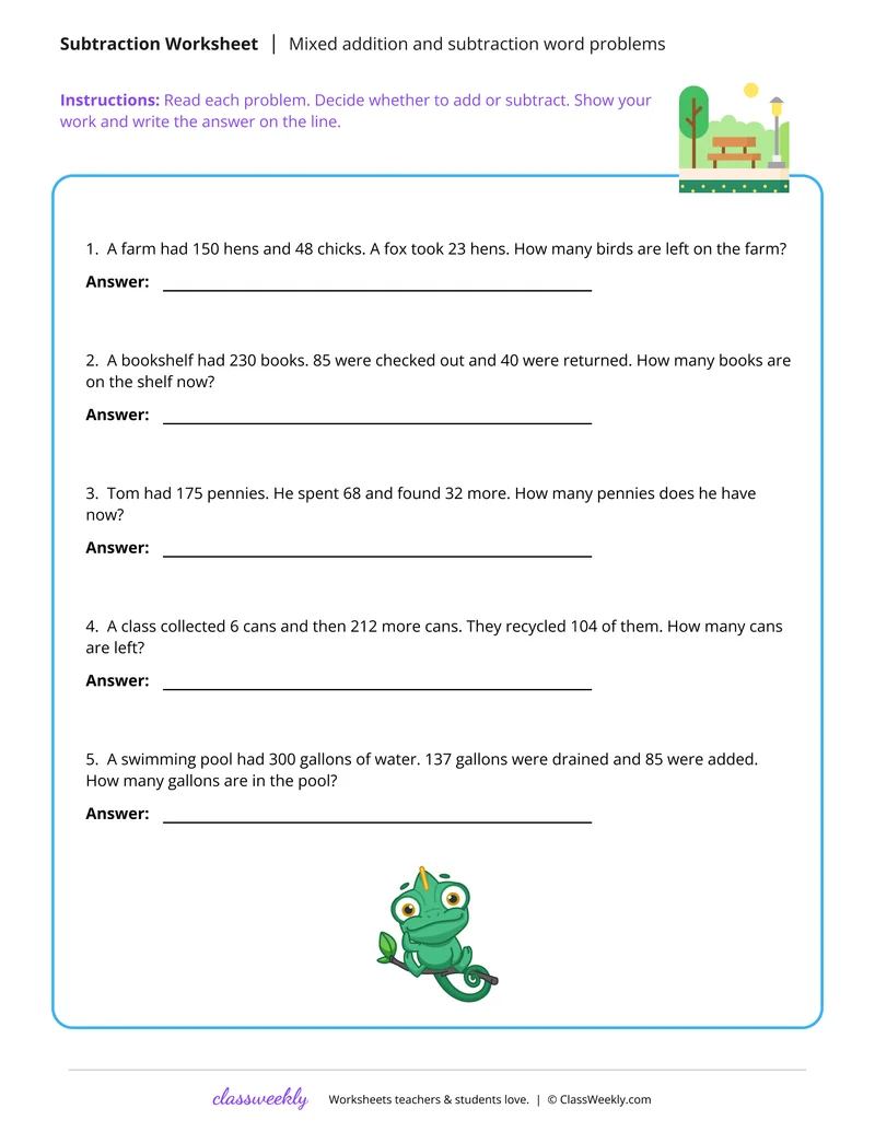 More mixed addition and subtraction word problems
