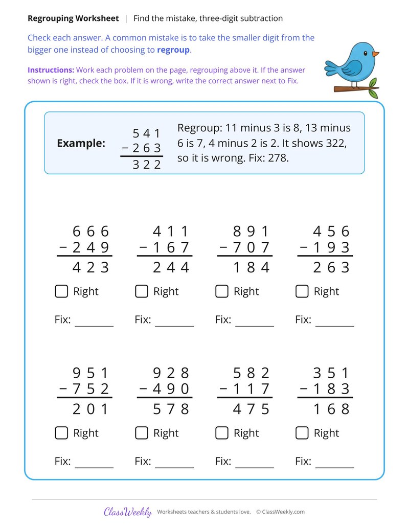 Find the Mistake in Three Digit Subtraction