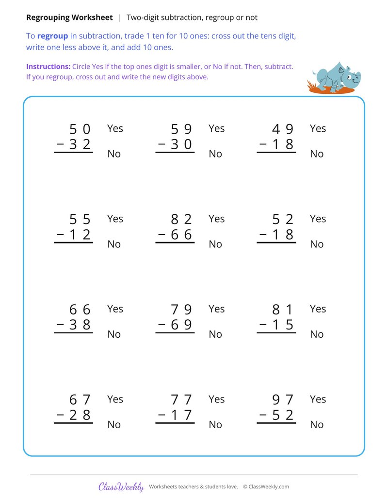 Regroup or Not Two Digit Subtraction