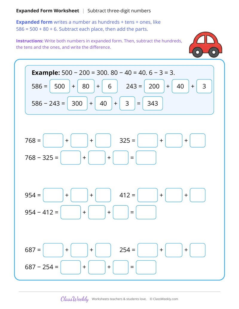 Subtract Three Digit Numbers in Expanded Form