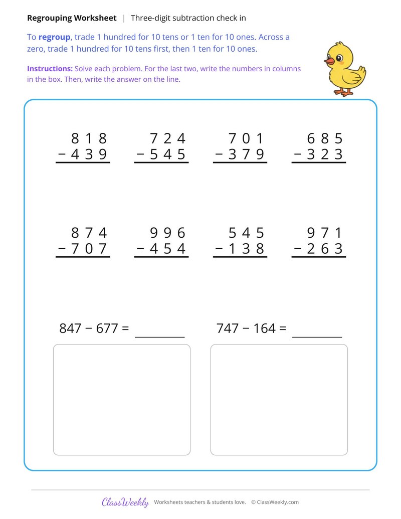 Three Digit Subtraction with Regrouping Check In
