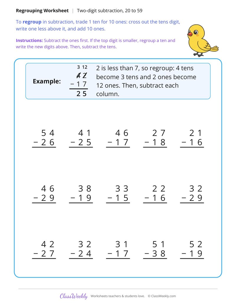 Two Digit Subtraction with Regrouping Set A