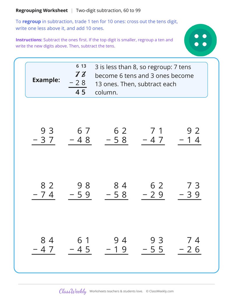 Two Digit Subtraction with Regrouping Set B