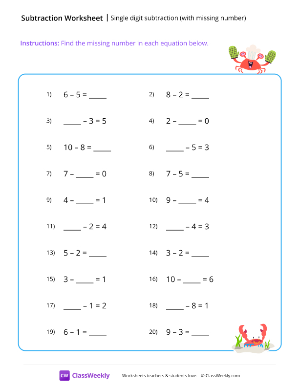 Single digit subtraction (with missing numbers) - Crab