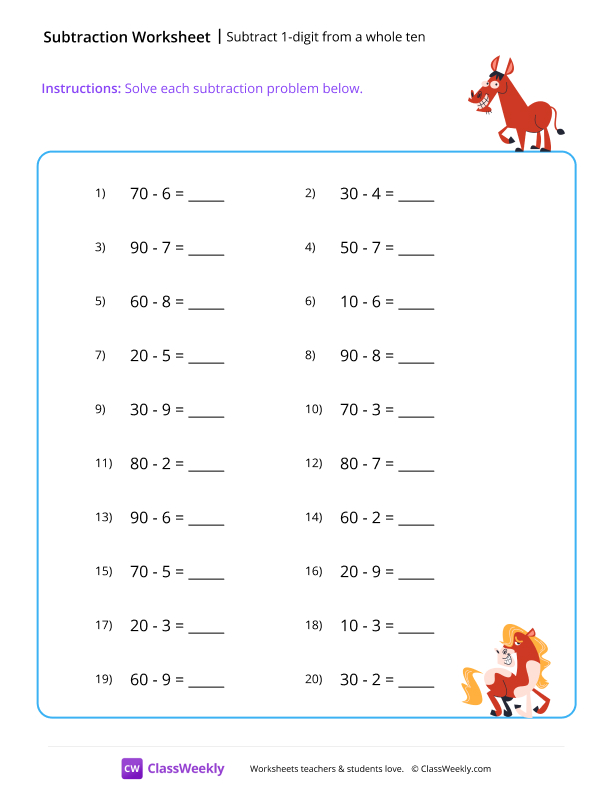 Subtract 1-digit from a whole ten - Horse