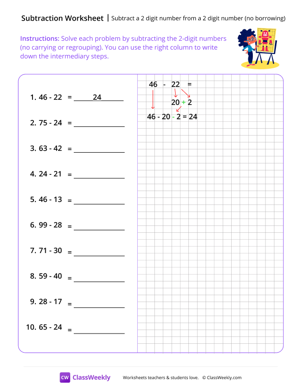 Subtract a 2-digit number from a 2-digit number (no borrowing) - Robot Drawing