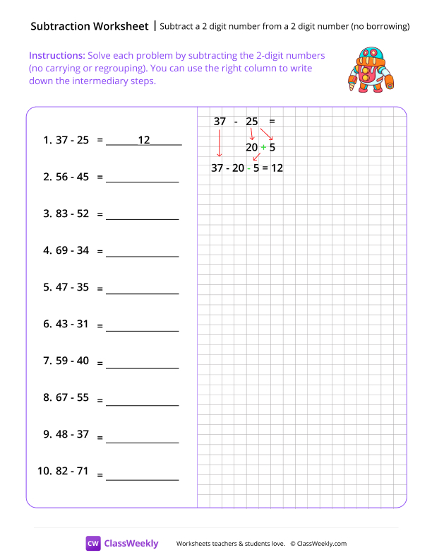 Subtract a 2-digit number from a 2-digit number (no borrowing) - Round Robot