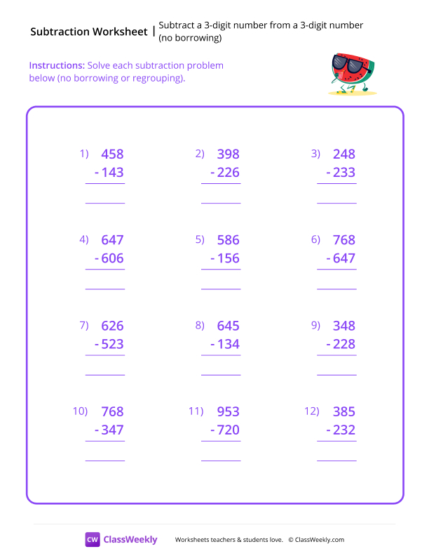 Subtract a 3-digit number from a 3-digit number (no borrowing) - Watermelon