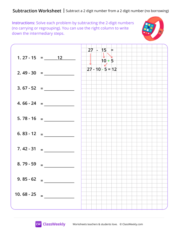 Subtract a 2-digit number from a 2-digit number (no borrowing) - smart watch