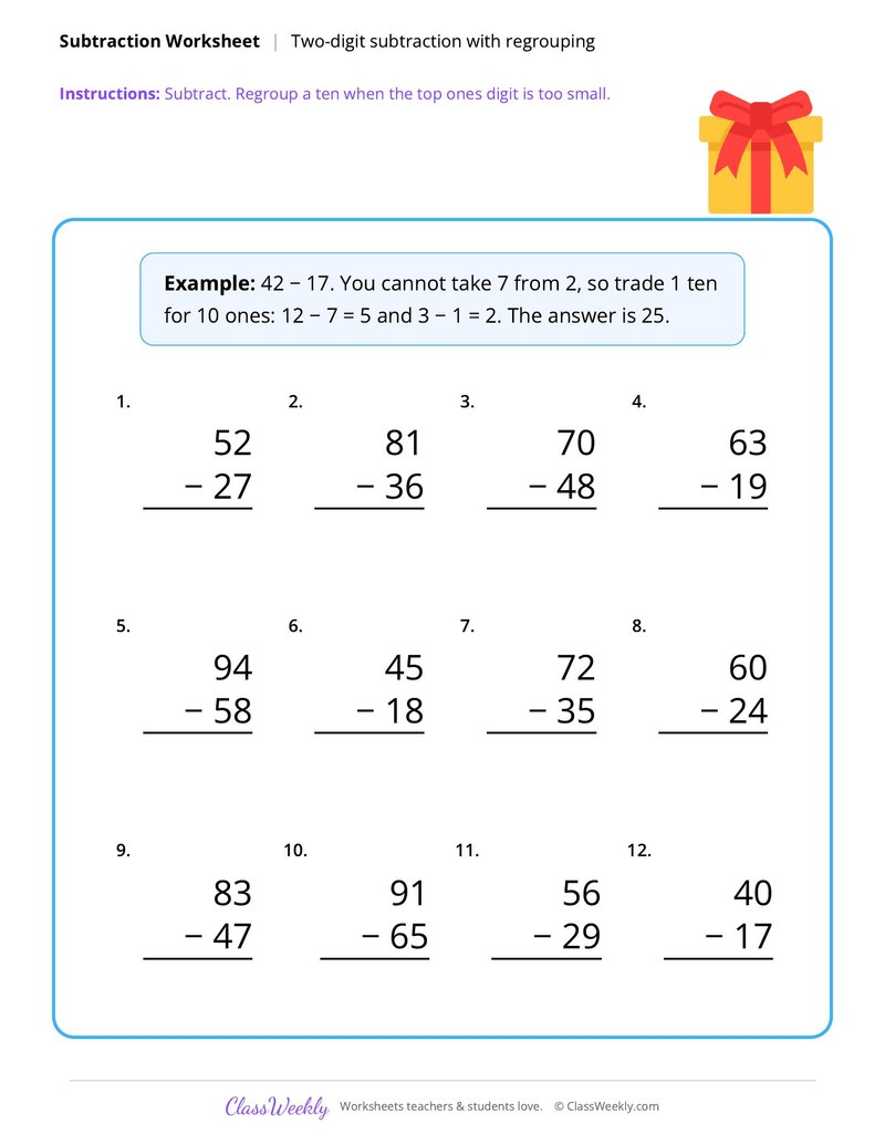 Subtraction with regrouping - Christmas