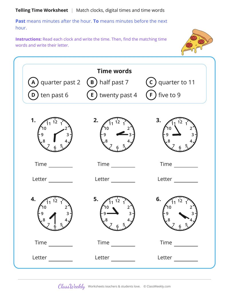 Match Clocks Digital Times and Time Words