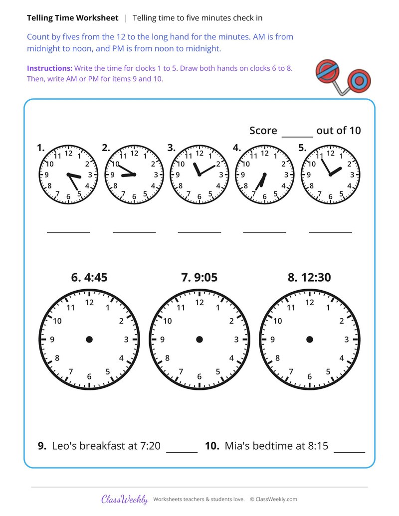Telling Time to Five Minutes Check In