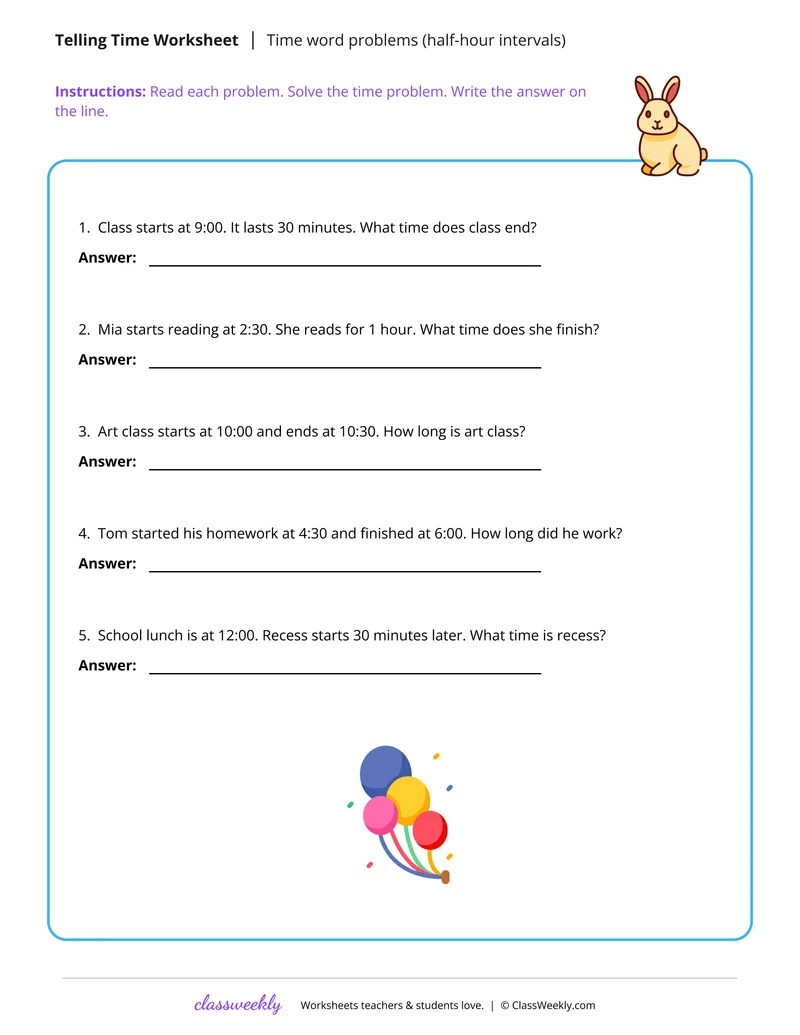 Time & elapsed time word problems (1/2 hour intervals)