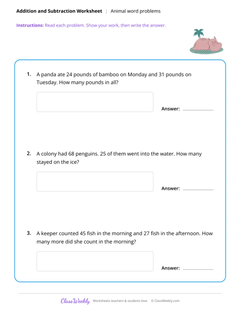 Addition and Subtraction - Animal Word Problems