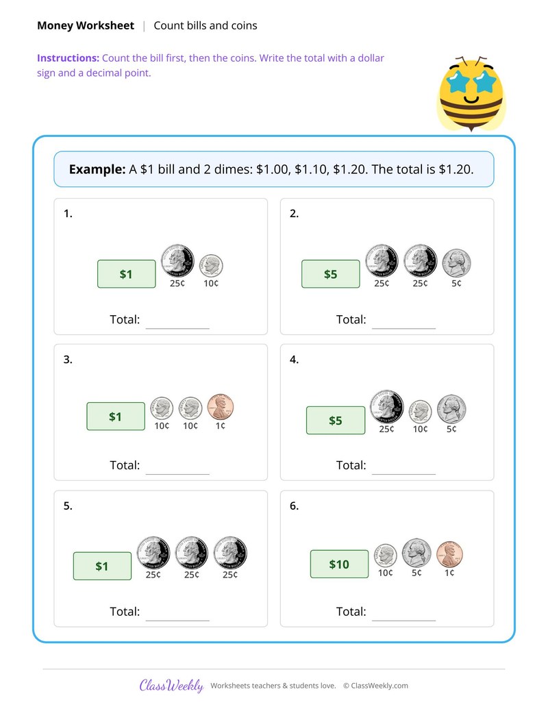 Count dollar bills and coins