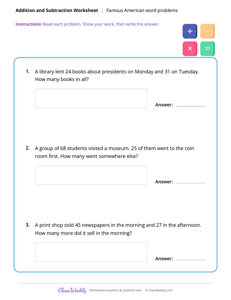 Addition and Subtraction Word Problems worksheet preview