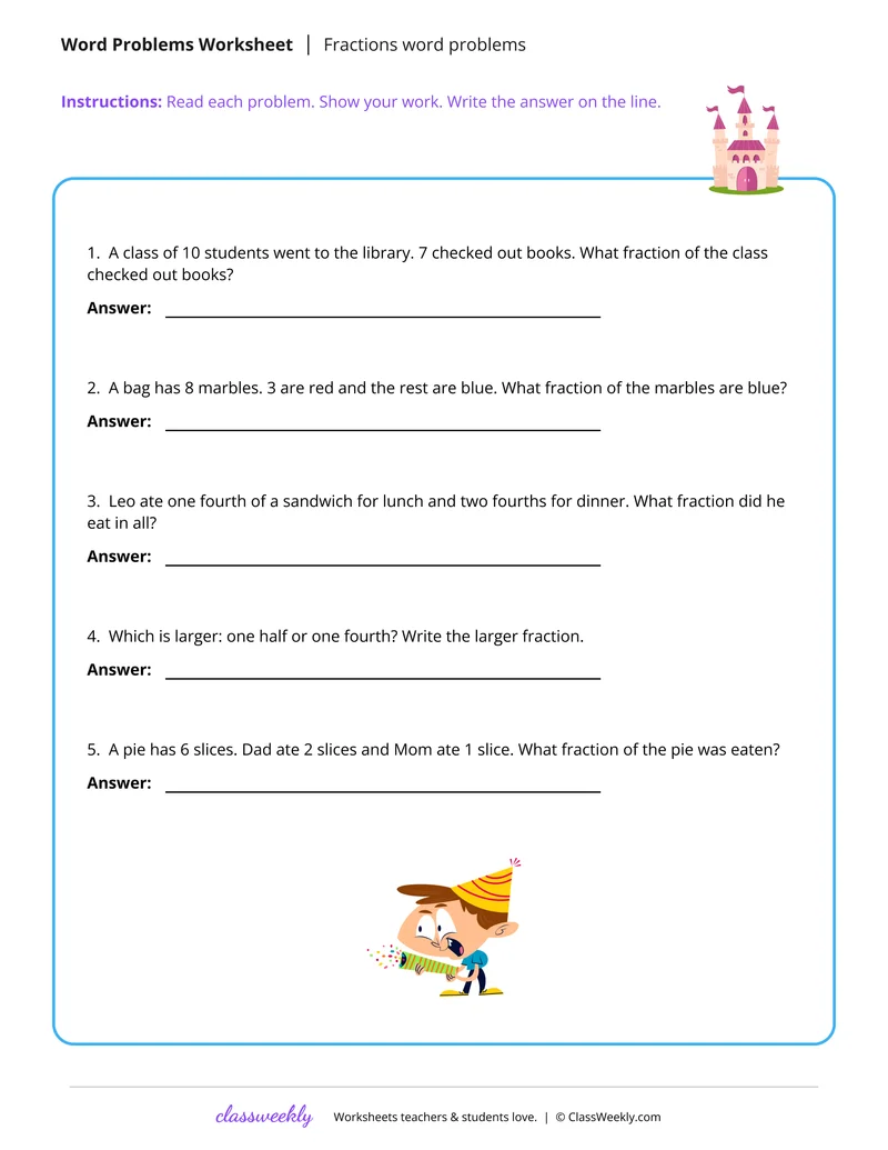 Write and compare fractions from a story
