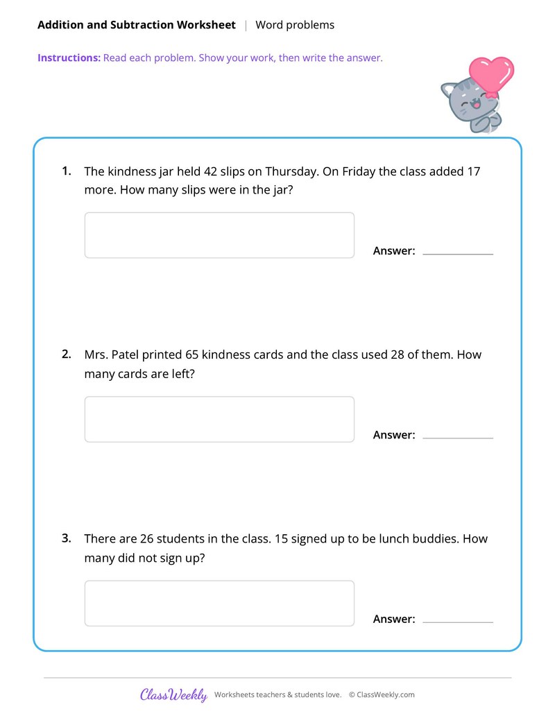 Addition and Subtraction Word Problems - Friendship & Kindness