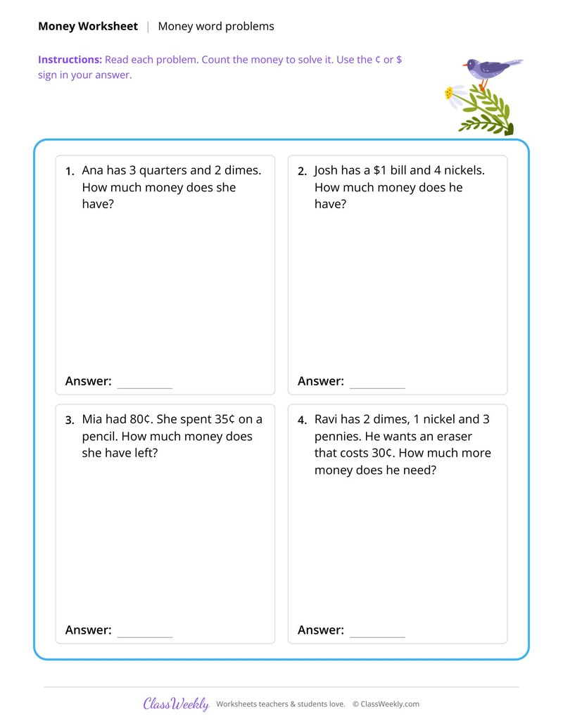 Money word problems with coins and bills