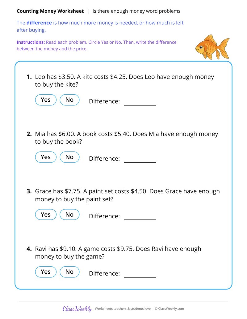 Is There Enough Money Word Problems