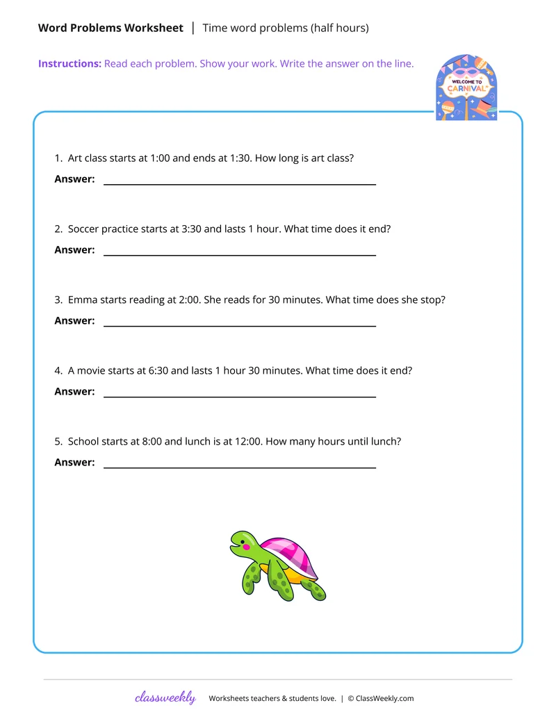 Time and elapsed time (1/2 hour intervals)