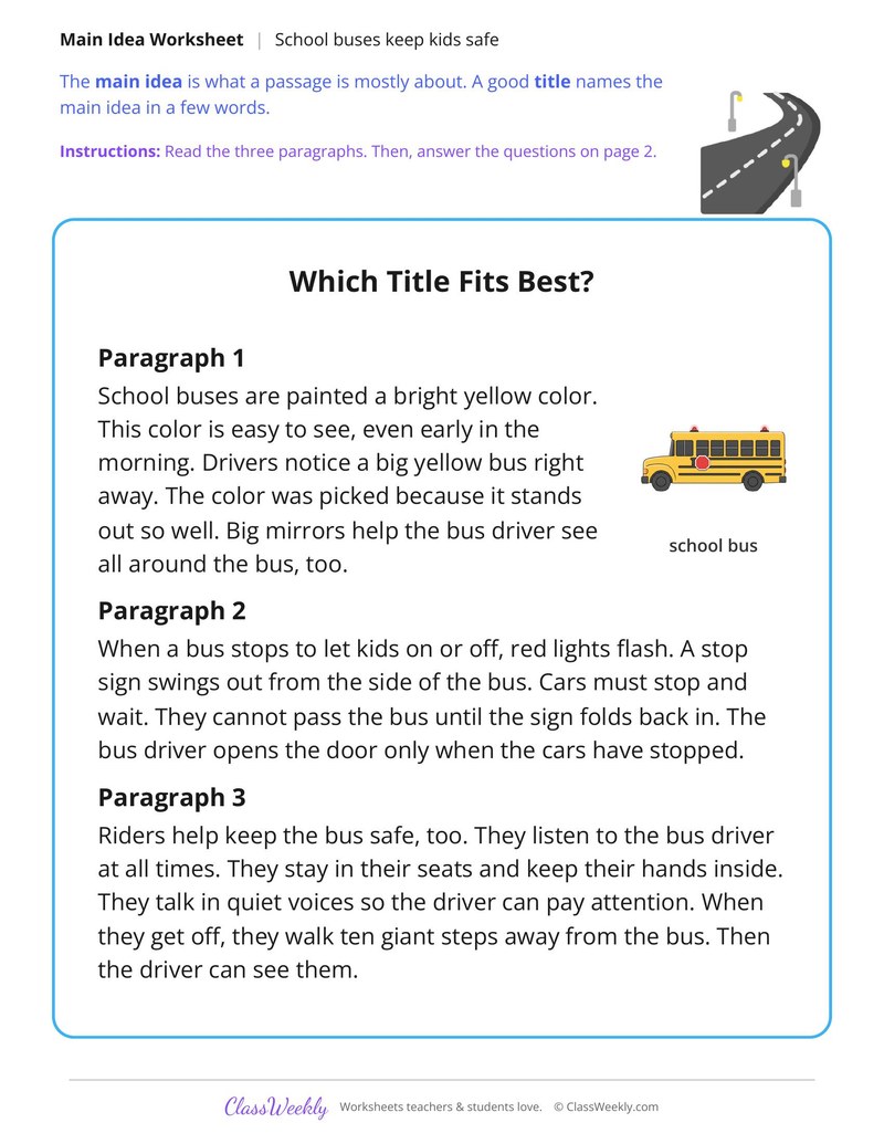 School Buses Keep Kids Safe (Main Idea) - Page 1