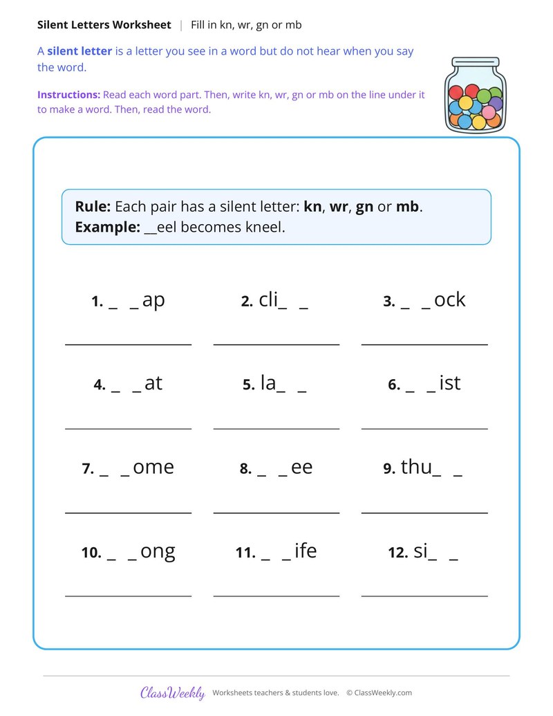 Kn, Wr, Gn or Mb? Fill In the Silent Letters