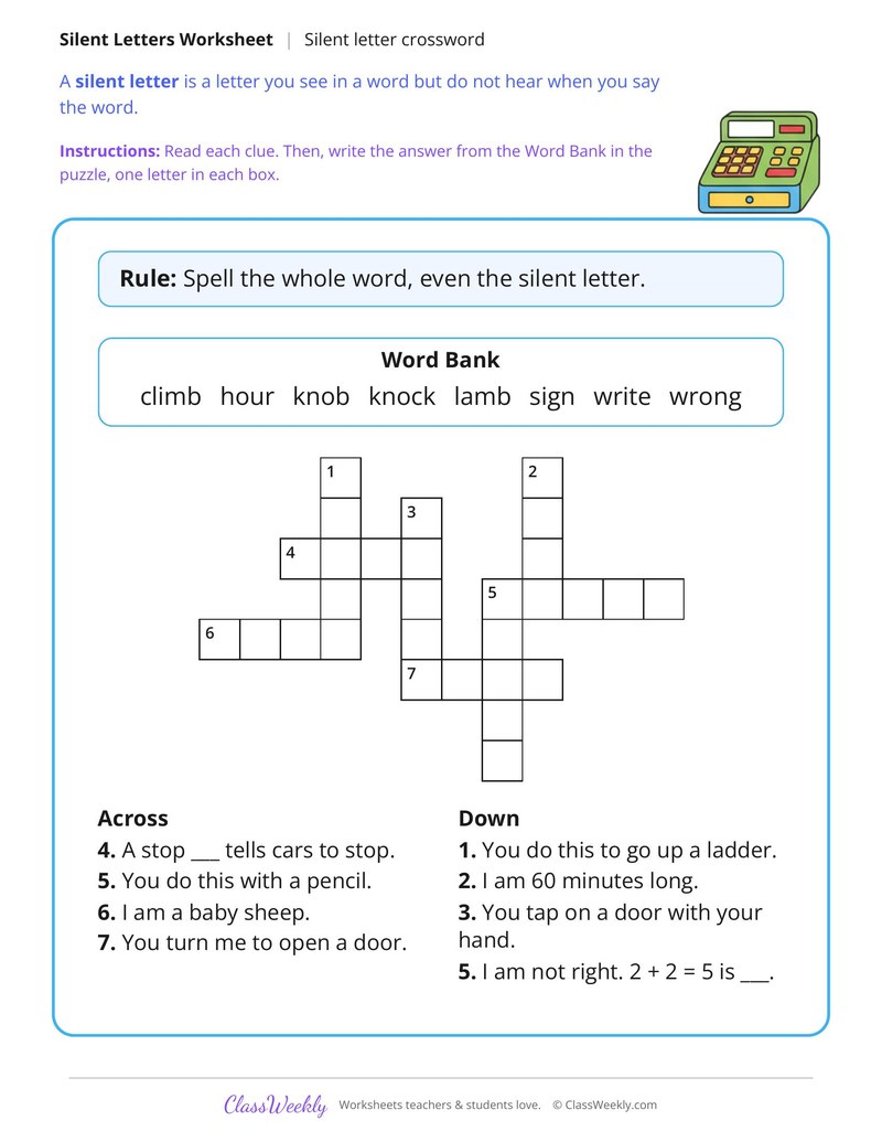 Silent Letters Crossword With Riddle Clues