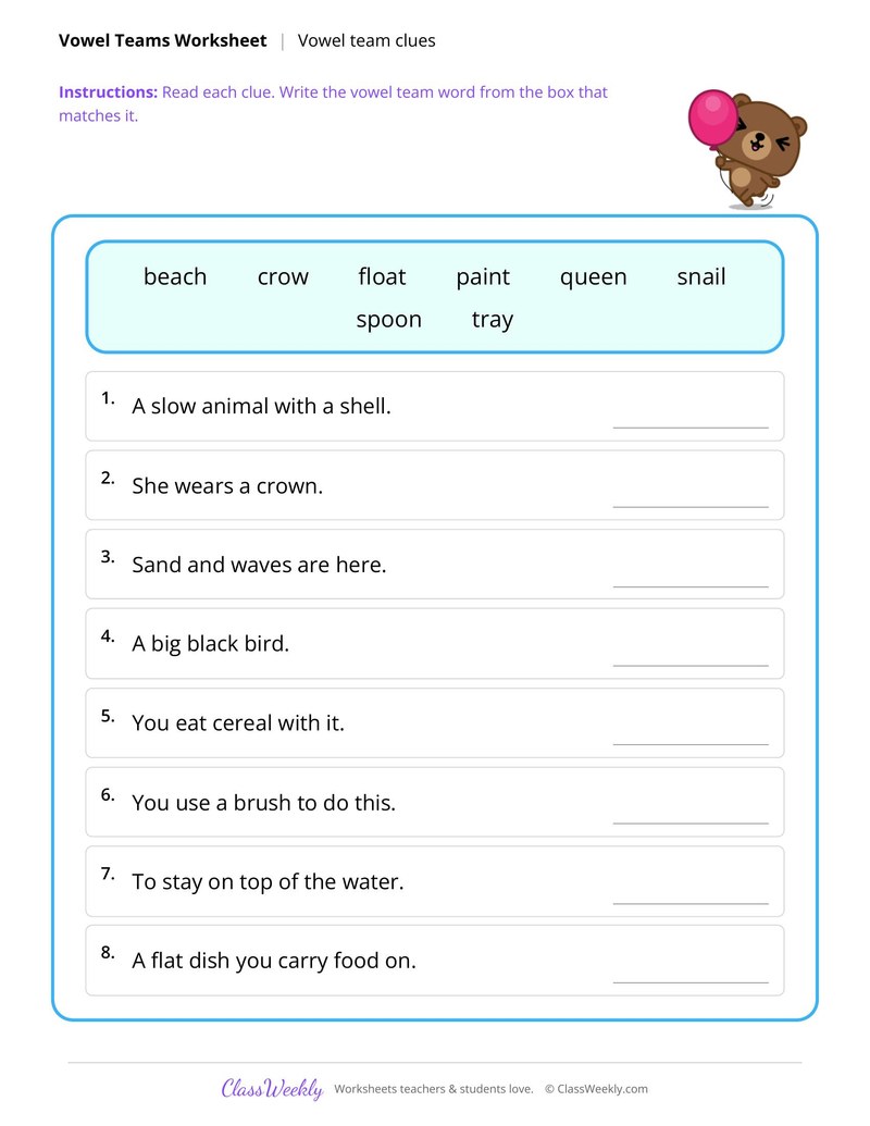 Vowel team word clues
