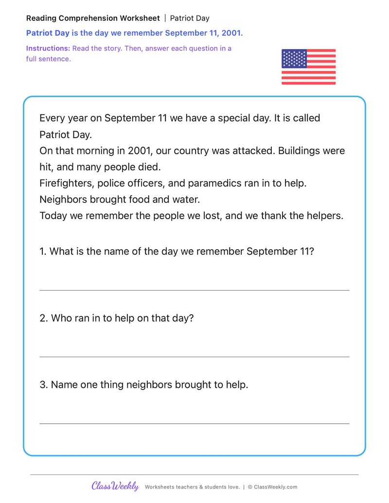 Reading Comprehension - Patriot Day