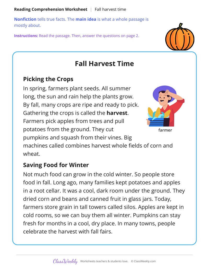 Fall Harvest Time (Nonfiction Passage) - Page 1