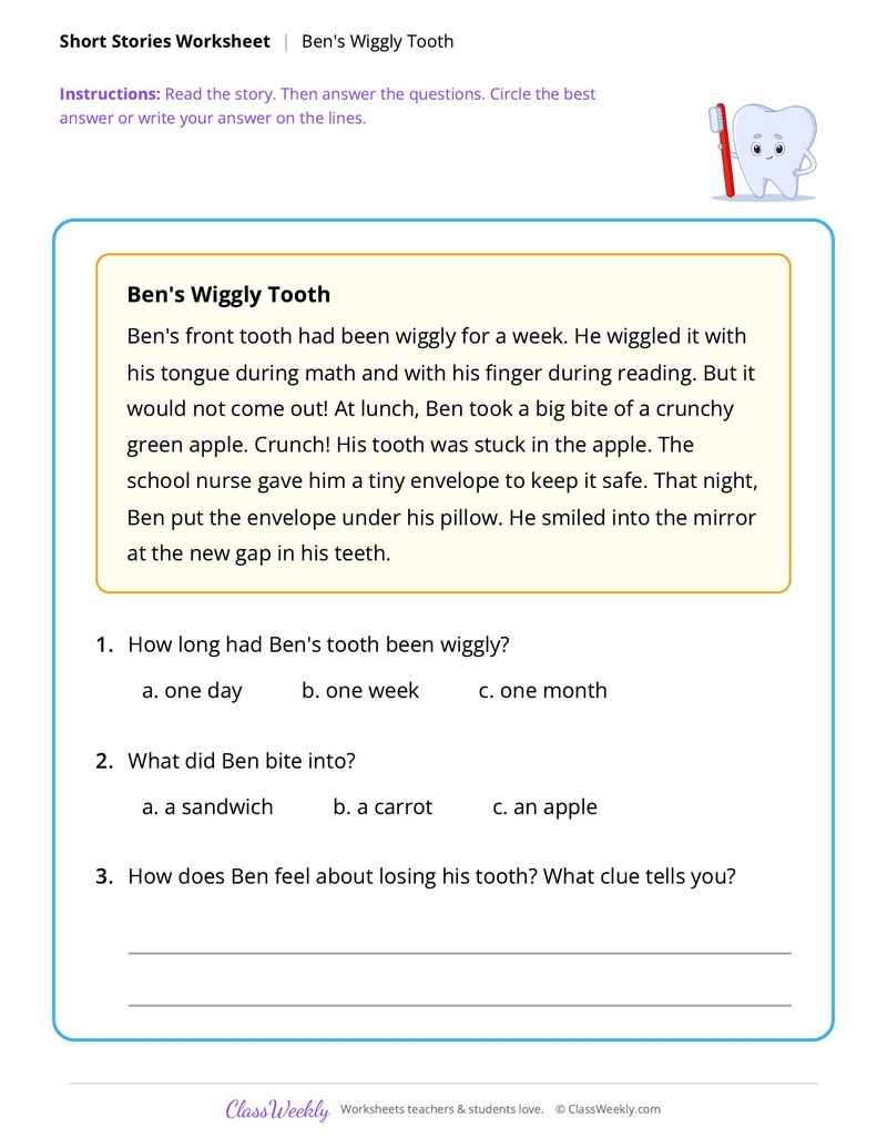 Ben's Wiggly Tooth (Short Story with Questions)