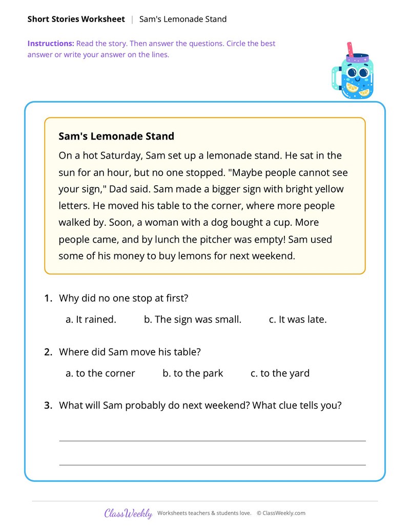 Sam's Lemonade Stand (Short Story with Questions)